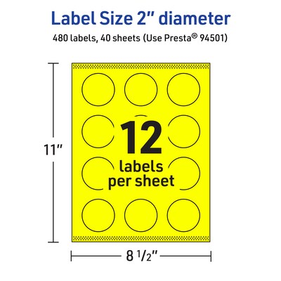 Avery Laser/Inkjet Round Multipurpose Labels, 2" Dia., Neon Yellow, 480/Pack (94501)