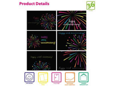 Better Office Fireworks Employee Appreciation Cards with Envelopes, 4 x 6, Assorted Colors, 36/Pac