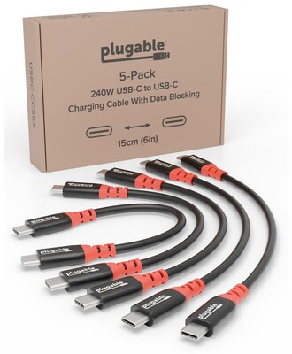 Plugable 0.5 ft. USB-C to USB-C Charging Cable, Male to Male, Black, 5/Pack (USBC-CCS5X)