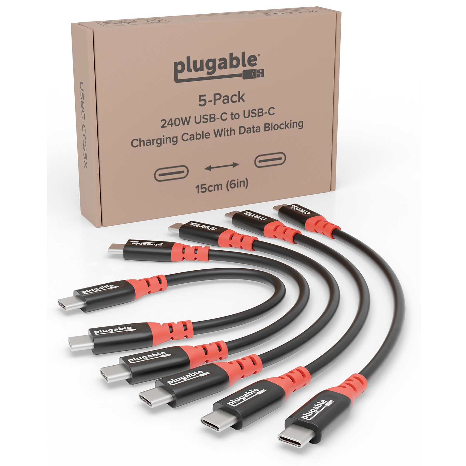 Plugable 0.5 ft. USB-C to USB-C Charging Cable, Male to Male, Black, 5/Pack (USBC-CCS5X)