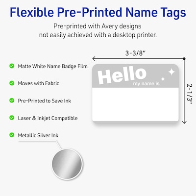 Avery Adhesive Name Tags, Pre-printed Silver Hello Design