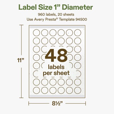 Avery Hemp Round Laser/Inkjet Multipurpose Labels, 1" Dia, Off-White (960/Pack)