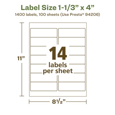 Avery EcoFriendly Rectangle Labels, 1-1/3" x 4", Matte White, Laser/Inkjet, 1400 Labels/Pack (93401)