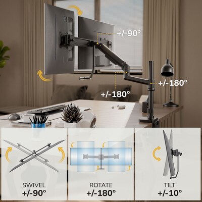 Mount-It! Dual Monitor Gas Spring Desk Mount with Pole and Crossbar For Screens Up to 32", 19.8 lbs Per Arm, Black (MI-12005)