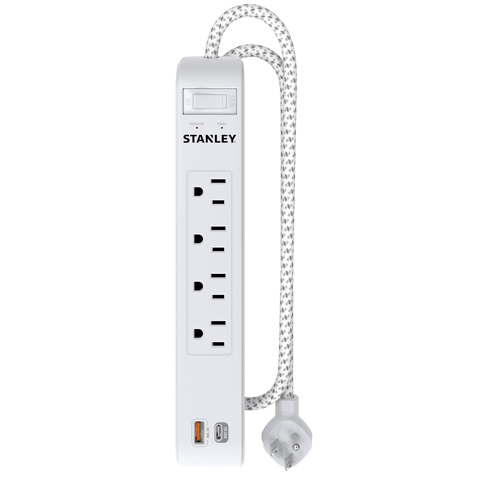 STANLEY SurgeMax 4-Outlet Surge Protector Power Strip with 2-USB Ports & Braided Fabric Cord, 6-ft., 600 Joules, White (33253)