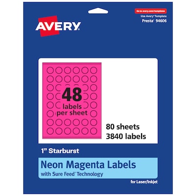 Avery Starburst Laser/Inkjet Multipurpose Labels, 1, Neon Magenta (3840/Box)