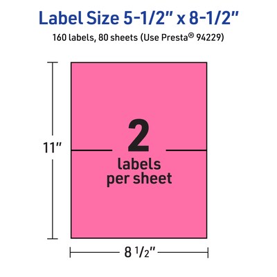 Avery Laser/Inkjet Rectangle Multipurpose Labels, 5.5" x 8.5", Bright Pink, 160/Box (94229)