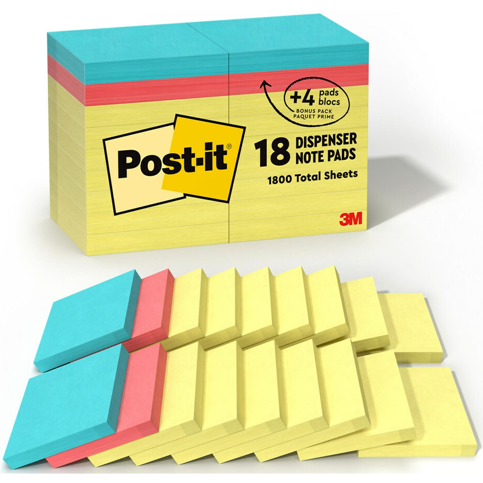 Post-it Notes, 3 x 3, Canary Collection, 100 Sheet/Pad, 18 Pads/Pack (654144B)