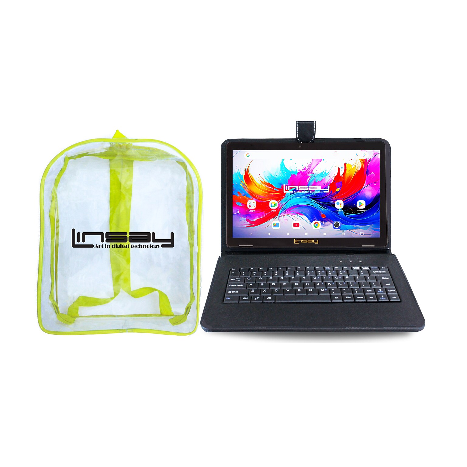 Linsay F10 Series 10.1 Tablet, Wi-Fi, Octa Core, 256GB eMMC, Android 15, with Black Keyboard Case & Backpack (F10IPGKEYBAGPLUS)