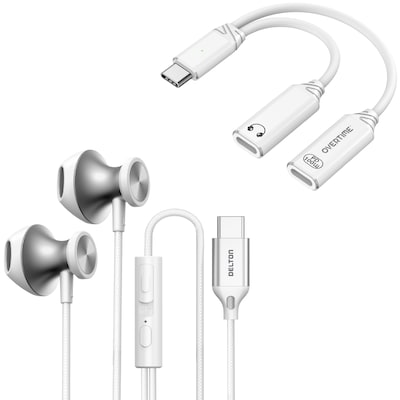 Delton 15EC Wired Earbuds & 2-in-1 USB-C Splitter Adapter Bundle, White (DWH15ECWHKT1)