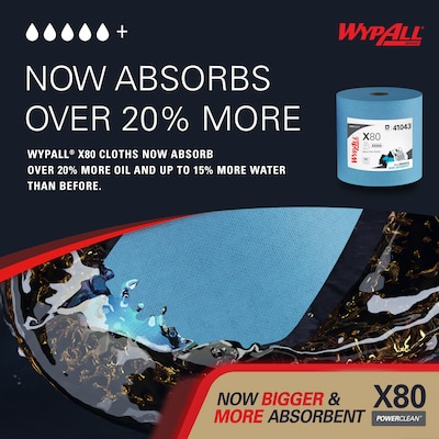WypAll PowerClean X80 Fabric Cleaning Wipers, 13.4" x 12.5", Blue, 455 Sheets/Roll (41043)