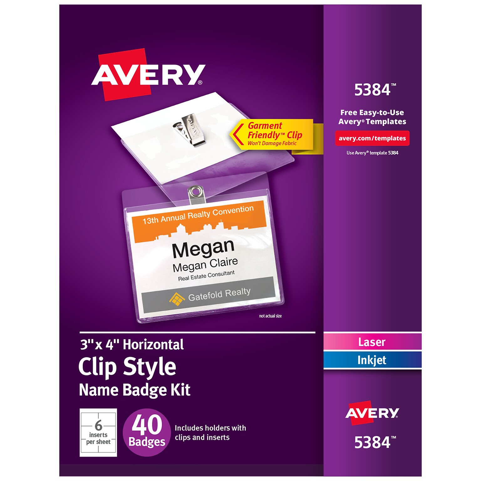 Avery Clip Style Laser/Inkjet Name Badge Kit, 3 x 4, Clear Holders with White Inserts, 40/Box (5384)