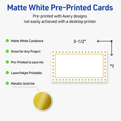 Avery Gold Border w/ Gold Dots Matte Blank Card, White, 80/Pack (S00-D1F)