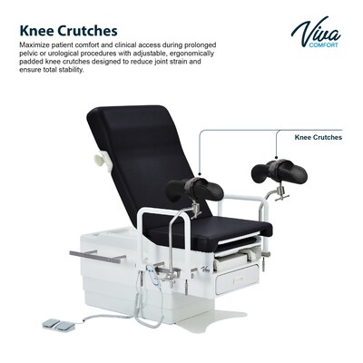 Viva Comfort Pointe Power Electric Pelvic Tilt Exam Table w/Stirrups, Knee Crutches, Hand Rails, 396lbs. Capacity, Black