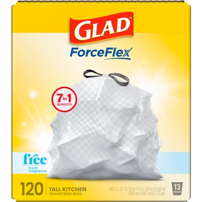 Glad ForceFlex Tall 13 Gallon Drawstring Kitchen Trash Bag, White, 120 Total Bags (78555)