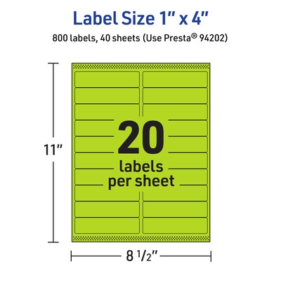 Avery Printable Rectangle Multipurpose Labels, 1" x 4", Bright Green, 800/Pack (94202)