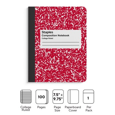 Staples® Composition Notebook, 7.5" x 9.75", College Ruled, 100 Sheets, Red (ST55065)