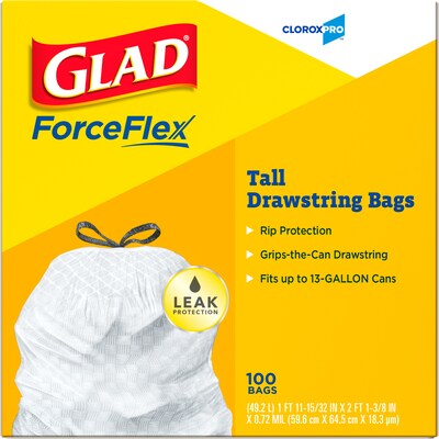 Glad 13 Gallon Trash Bag, 8.5"x8.5", Low Density, .72 mil, White, 100 Bags/Box (CLO 78526)