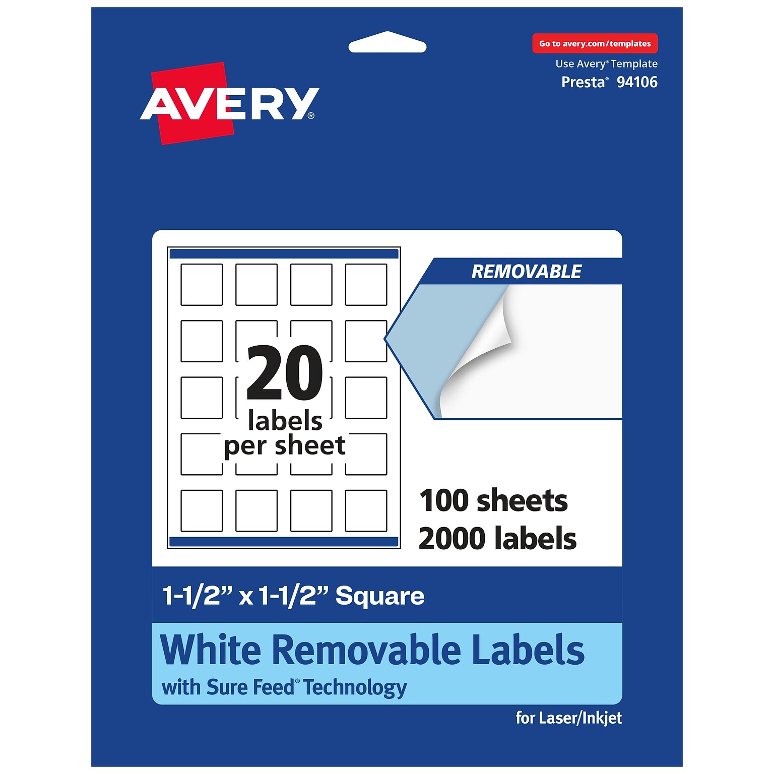 Avery Laser/Inkjet Square Multipurpose Labels, 1.5 x 1.5, Matte White, 2000 Labels/Box  (94106)