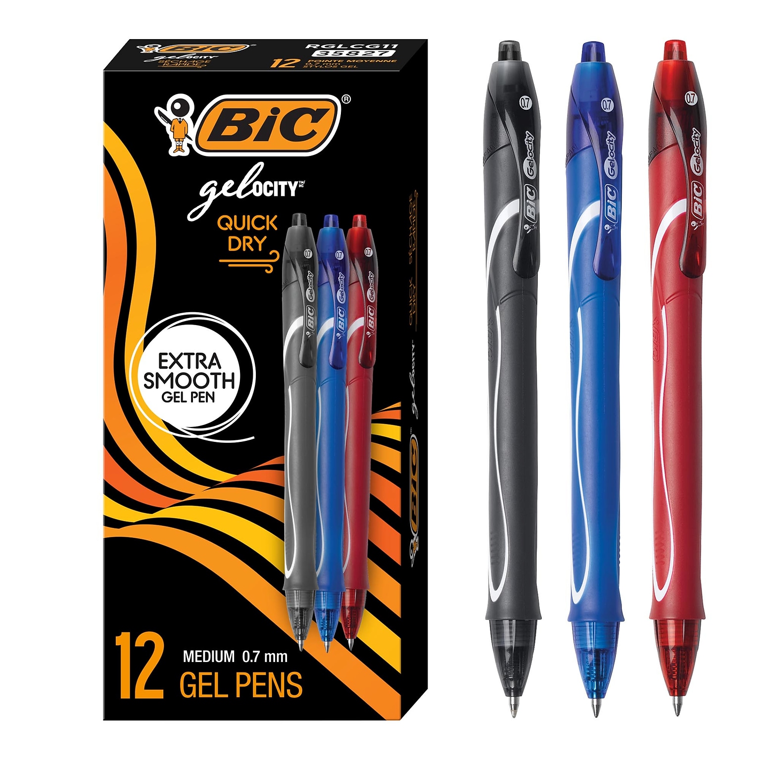 BIC Gel-ocity Quick Dry Gel Pen, Medium Point, 0.7 mm, Assorted Ink, 12/Pack (RGLCG11AST)