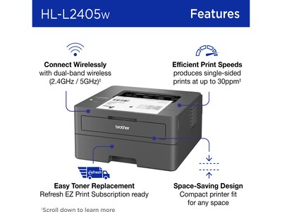 Brother HL-L2405W Wireless Compact Monochrome Laser Printer, Mobile Printing, Refresh Subscription R