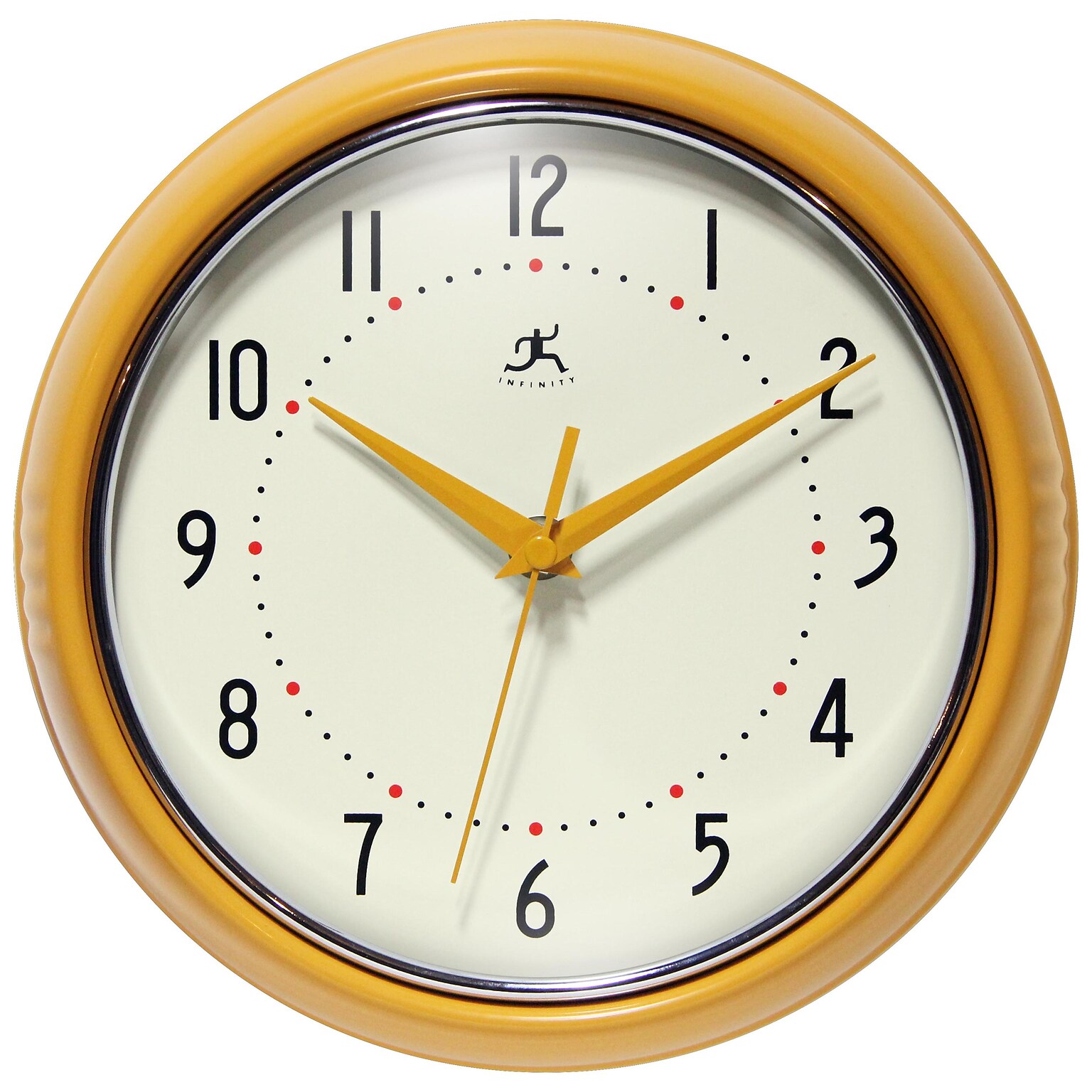 Infinity Instruments Round Retro Saffron Wall Clock, Aluminum, 9.5 (10940SY)