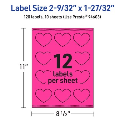 Avery Heart Laser/Inkjet Multipurpose Labels, 2-9/32" x 1-27/32", Neon Magenta (120/Pack)