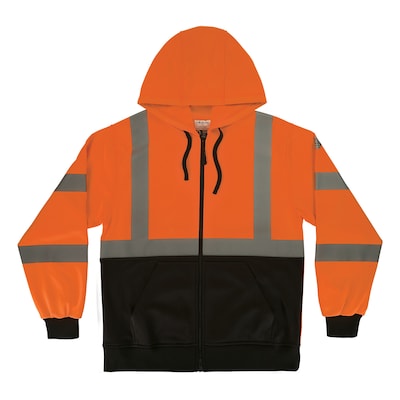 GloWear 8312BK High Visibility Long Sleeve Black Bottom Hooded Zip-Up Sweatshirt, ANSI Type R Class 3, Orange, Large (22944)