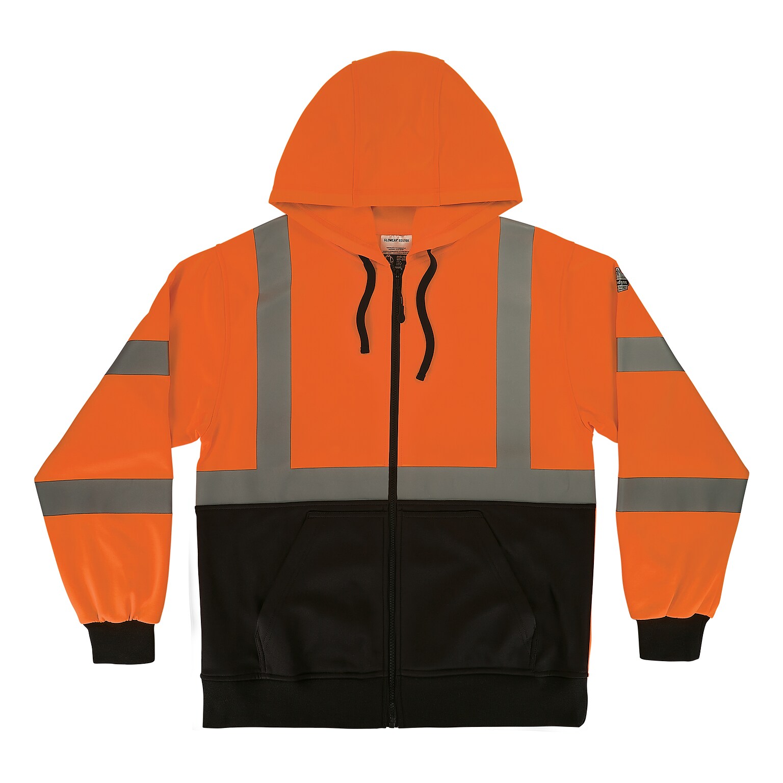 GloWear 8312BK High Visibility Long Sleeve Black Bottom Hooded Zip-Up Sweatshirt, ANSI Type R Class 3, Orange, 5XL (22949)