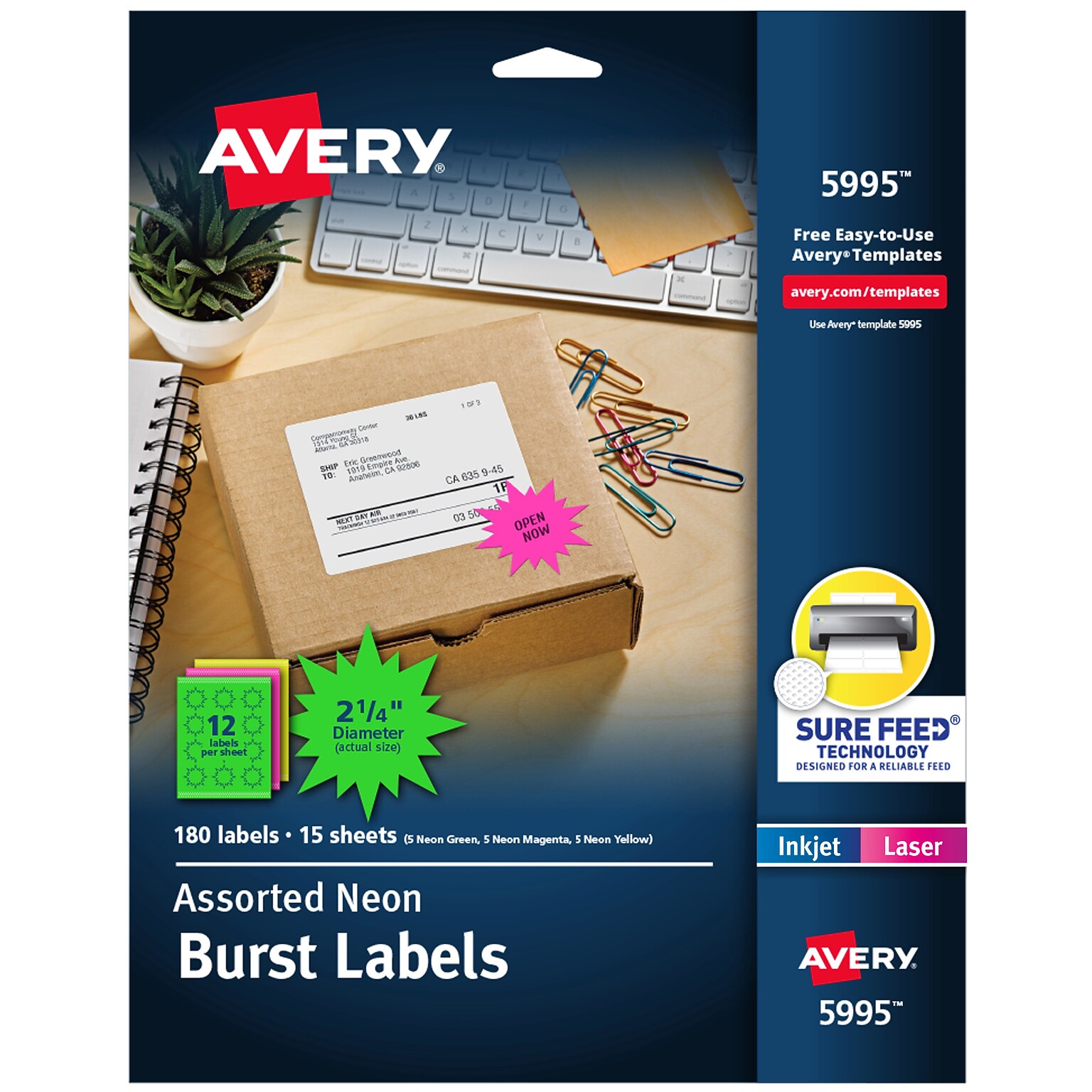 Avery Sure Feed Laser Burst Label, 2 1/4 Dia, Assorted Neon, 180 Labels/Pack (5995)