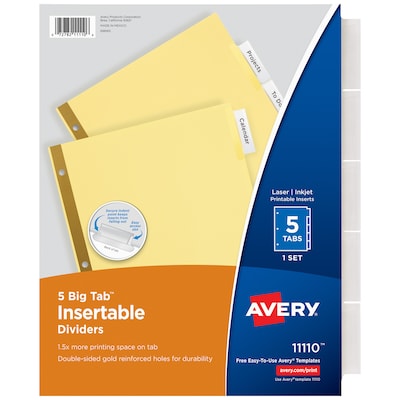 Avery Big Tab Insertable Paper Dividers, 5 Tabs, Buff with Clear Tabs, 24 Sets/Pack (11113)