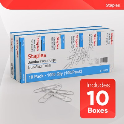 Staples® Jumbo Paper Clips, Nonskid, 100/Box, 10 Boxes/Pack (A7026606/72577)