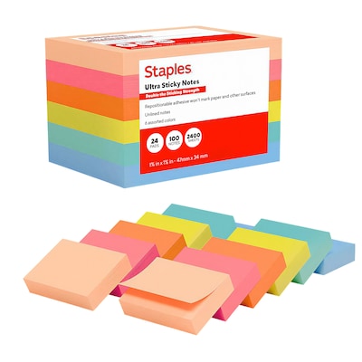 Staples Ultra Sticky Notes, 1 3/8 x 1 7/8, Golden Hour Collection, 100 Sheets/Pad, 24 Pads/Pack (ST62877)
