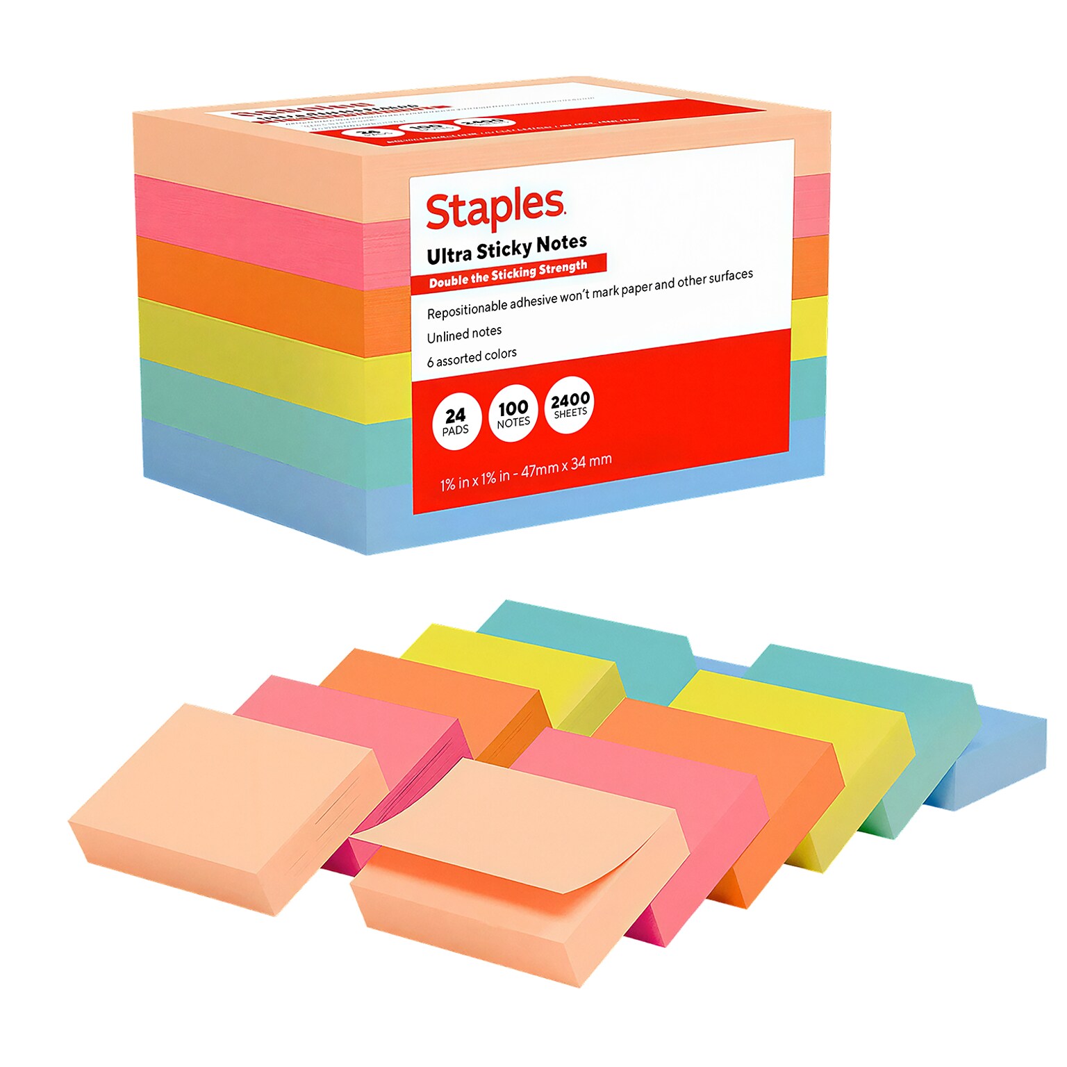 Staples Ultra Sticky Notes, 1 3/8 x 1 7/8, Golden Hour Collection, 100 Sheets/Pad, 24 Pads/Pack (ST62877)