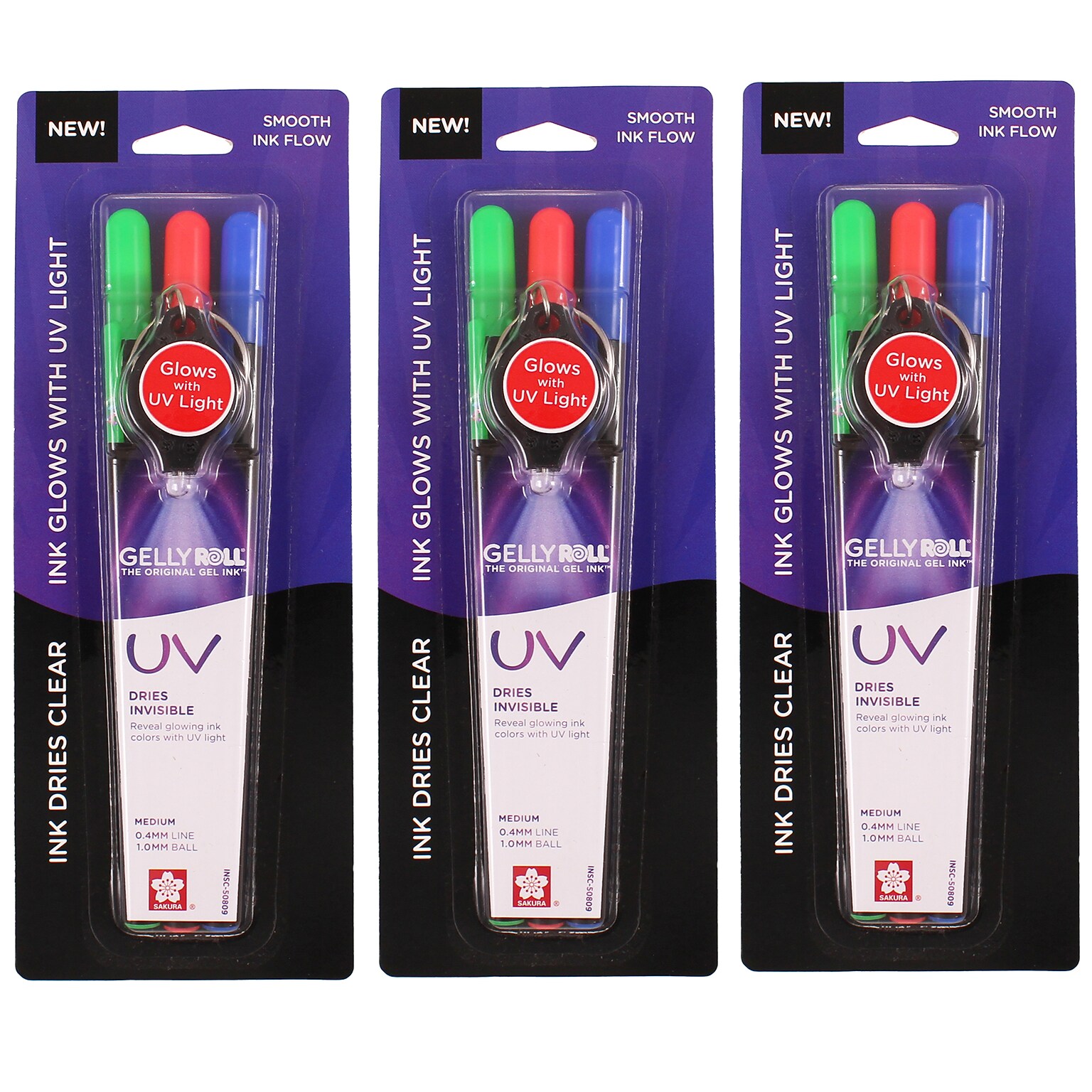 Sakura UV Gel Pens, Assorted Color Ink, 3/Set, 3/Bundle (SAK50809-3)