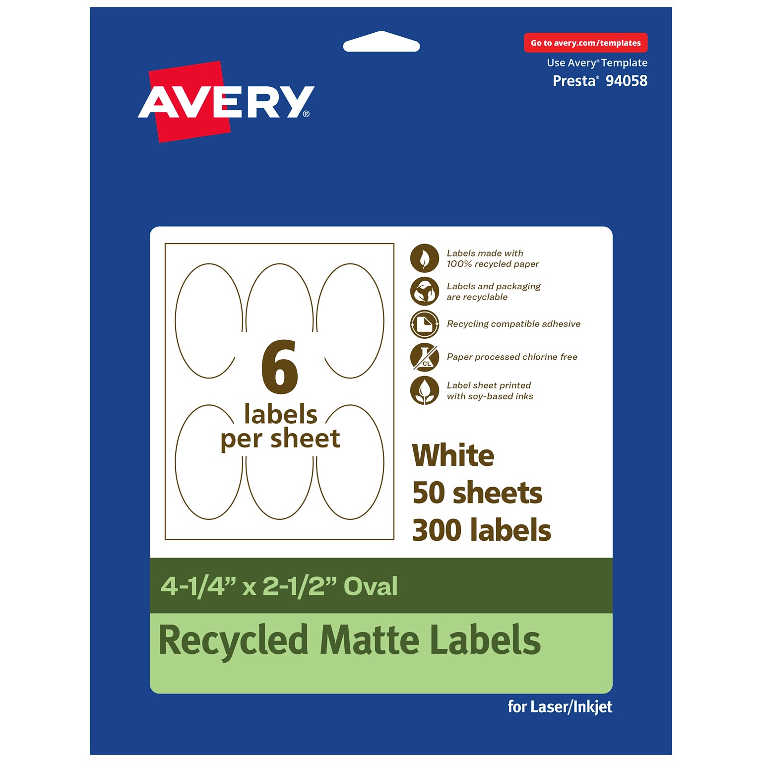 Avery EcoFriendly Laser/Inkjet Oval Multipurpose Labels, 4-1/4 x 2-1/2, White, 300/Box (94058)