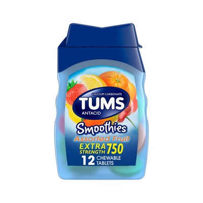 TUMS Extra Strength Smoothies Antacid Chewable Tablets, Assorted Fruit Flavors, 12 Tablets/Bottle (74060)
