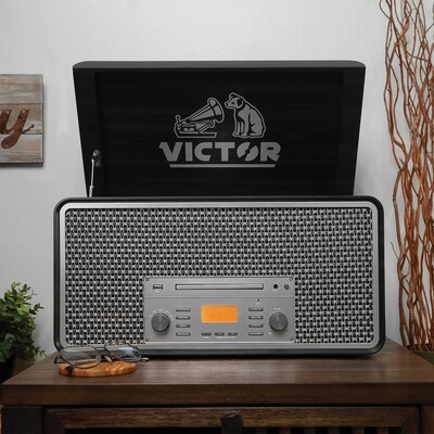 Victor Monument Dual-Bluetooth Belt-Drive 8-in-1 Music Center with Turntable, CD & Cassette Player, Graphite (VWRP-5000-GR)