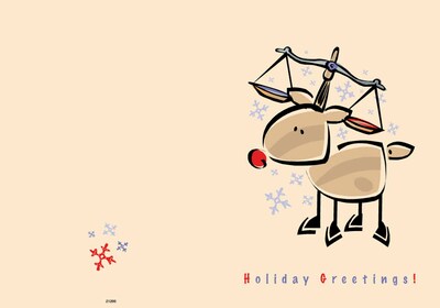 Happy Greetings - cartoon reindeer with scale on antlers - 7 x 10 scored for folding to 7 x 5, 25 ca