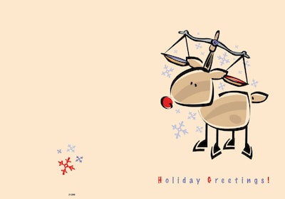 Happy Greetings - cartoon reindeer with scale on antlers - 7 x 10 scored for folding to 7 x 5, 25 ca