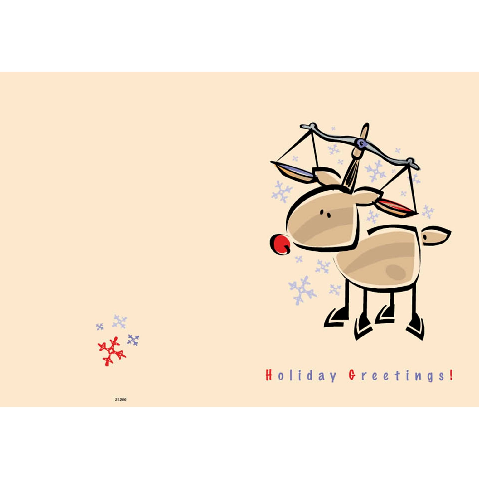 Happy Greetings - cartoon reindeer with scale on antlers - 7 x 10 scored for folding to 7 x 5, 25 cards w/A7 envelopes per set
