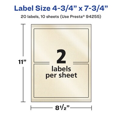 Avery Pearlized Ivory Rectangle Multipurpose Labels, 4.75" x 7.75", Ivory, 20/Pack (94255)