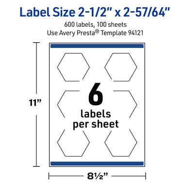 Avery Hexagon Laser Multipurpose Labels, 2-1/2" x 2-57/64", White, 600/Box (19479399171)