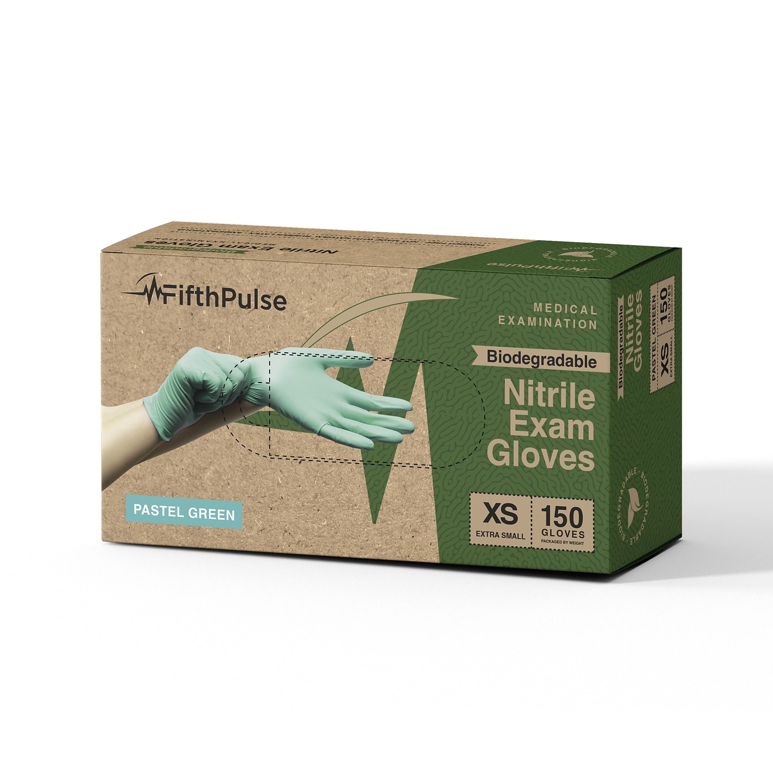 FifthPulse Biodegradable Powder Free Nitrile Exam Gloves, Latex Free, XS, Green, 150 Gloves/Box (FMN100548)