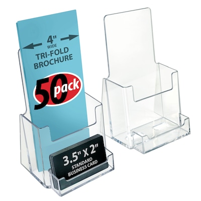 Azar Displays Trifold Brochure Holder w/ Business Card Pocket, 4.125"W x 7.25"H, Clear, 50/Pack (252922-50PK)