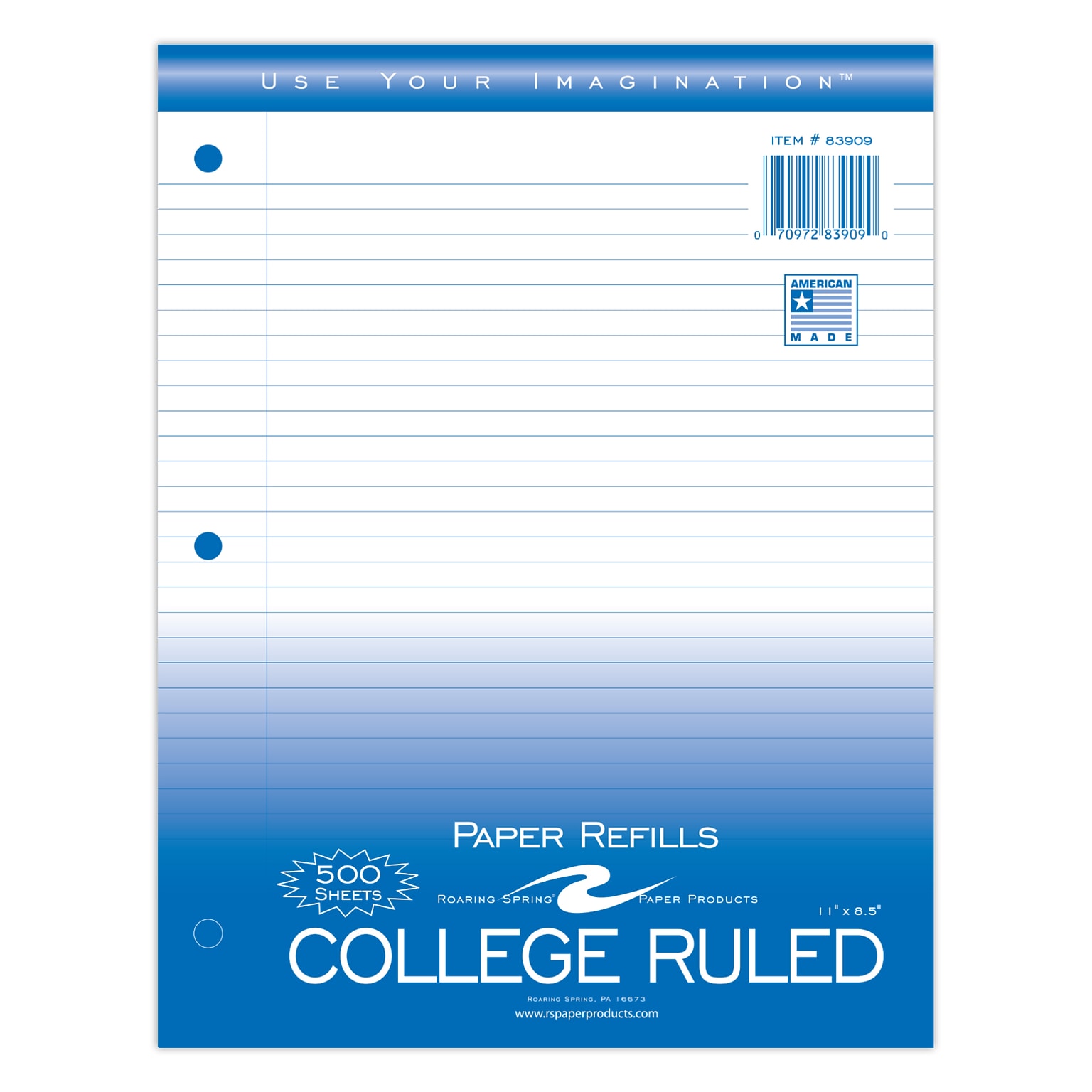 Roaring Spring Paper Products College Ruled Filler Paper, 8.5 x 11, 3-Hole Punched, 500 Sheets/Pack (83909)