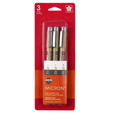 Sakura Pigma Micron Pen, Fineliner, Gray/Silver Ink, 3/Bundle (SAK50163-3)
