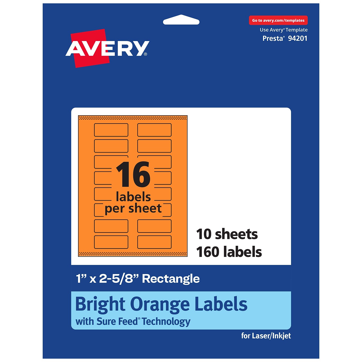 Avery Rectangle Multipurpose Labels, 1 x 2-5/8, Bright Orange, 160/Pack (94201)