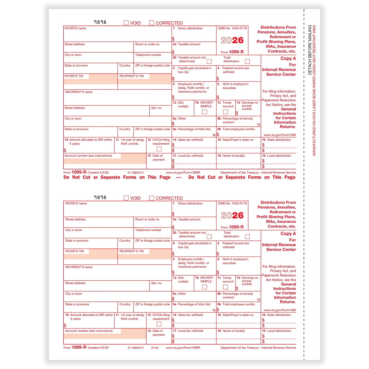 ComplyRight 2026 1099-R Tax Form, 1-Part, 2-Up, Federal Copy A, 50/Pack (514050)