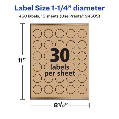 Avery Laser/Inkjet Multipurpose Circle Labels, 1.25" Dia, Kraft Brown, 450/Pack (94505)